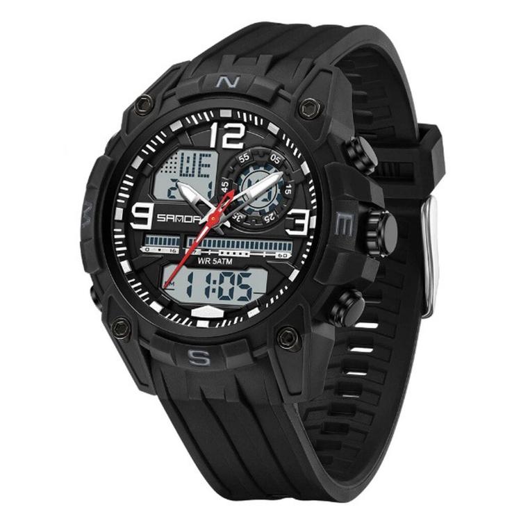SANDA 6392 Men Digital Sport Watch 5ATM Waterproof Dual Display Chronograph Outdoor Wristwatch — Black