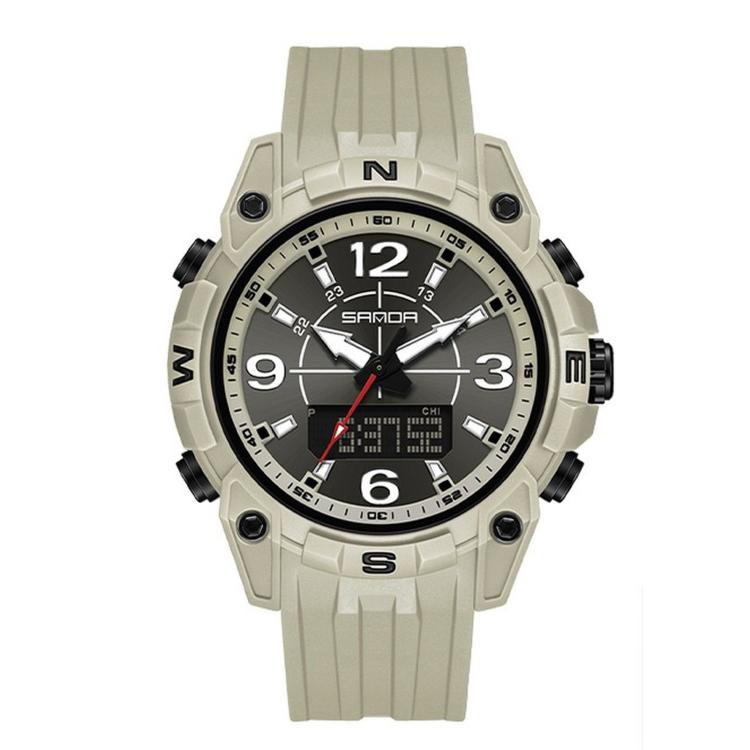 SANDA 6393 Men Digital Sport Watch 5ATM Waterproof Dual Display Wristwatch — Black Green