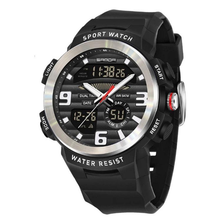 SANDA 3399 Men Dual Display Sports Watch 5ATM Waterproof Chronograph Alarm Luminous Digital Wristwatch — Black