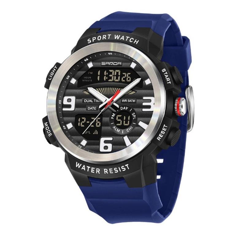 SANDA 3399 Men Dual Display Sports Watch 5ATM Waterproof Chronograph Alarm Luminous Digital Wristwatch — Black Silver