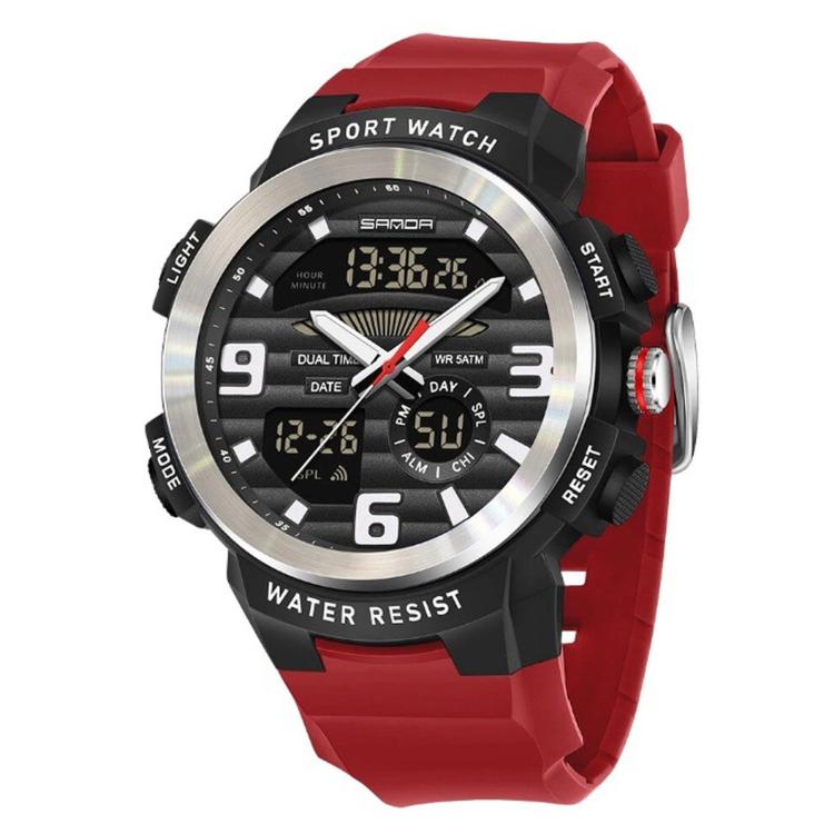 SANDA 3399 Men Dual Display Sports Watch 5ATM Waterproof Chronograph Alarm Luminous Digital Wristwatch — Black Green