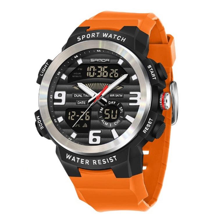 SANDA 3399 Men Dual Display Sports Watch 5ATM Waterproof Chronograph Alarm Luminous Digital Wristwatch — Black Red