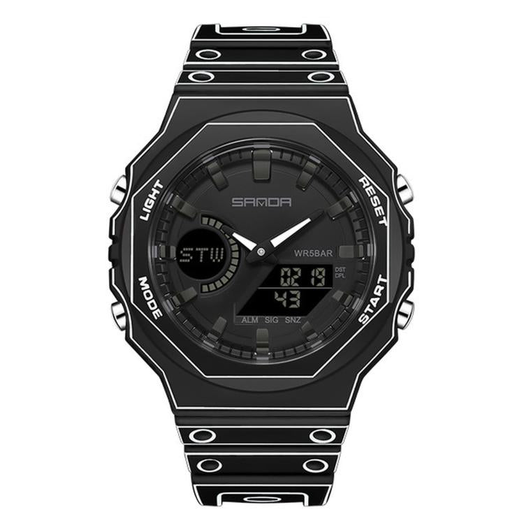 SANDA 6508 Octagonal Dual Display Sports Watch 50M Waterproof World Time Alarm Digital Wristwatch