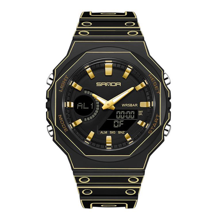 SANDA 6508 Octagonal Dual Display Sports Watch 50M Waterproof World Time Alarm Digital Wristwatch — Black