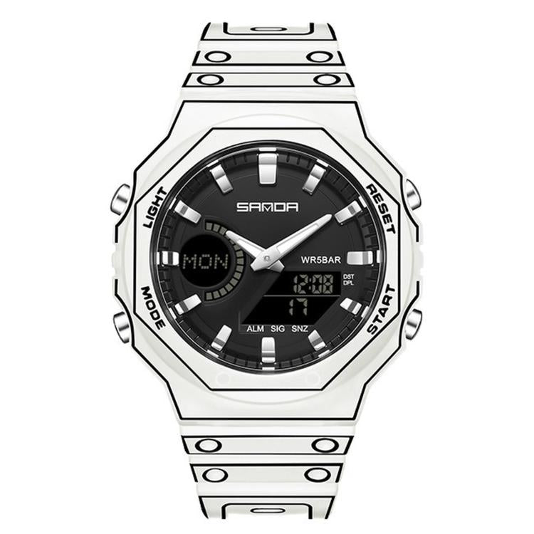 SANDA 6508 Octagonal Dual Display Sports Watch 50M Waterproof World Time Alarm Digital Wristwatch — Black Gold