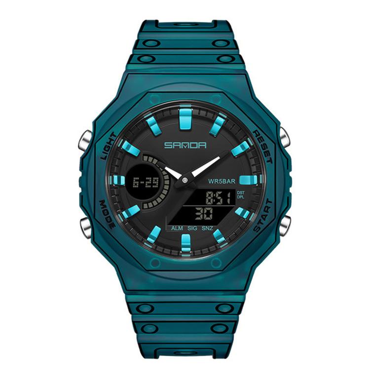 SANDA 6508 Octagonal Dual Display Sports Watch 50M Waterproof World Time Alarm Digital Wristwatch — White
