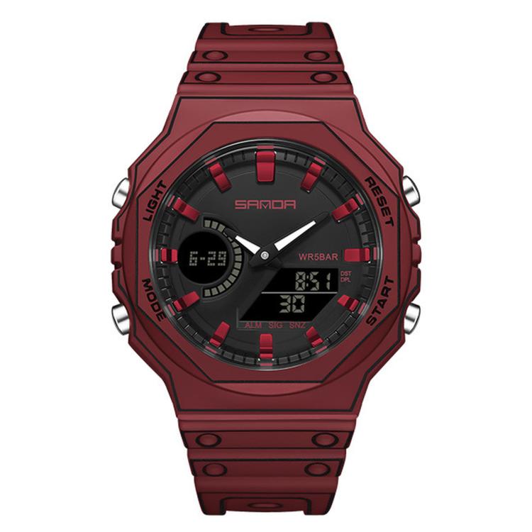 SANDA 6508 Octagonal Dual Display Sports Watch 50M Waterproof World Time Alarm Digital Wristwatch — Turquoise Blue