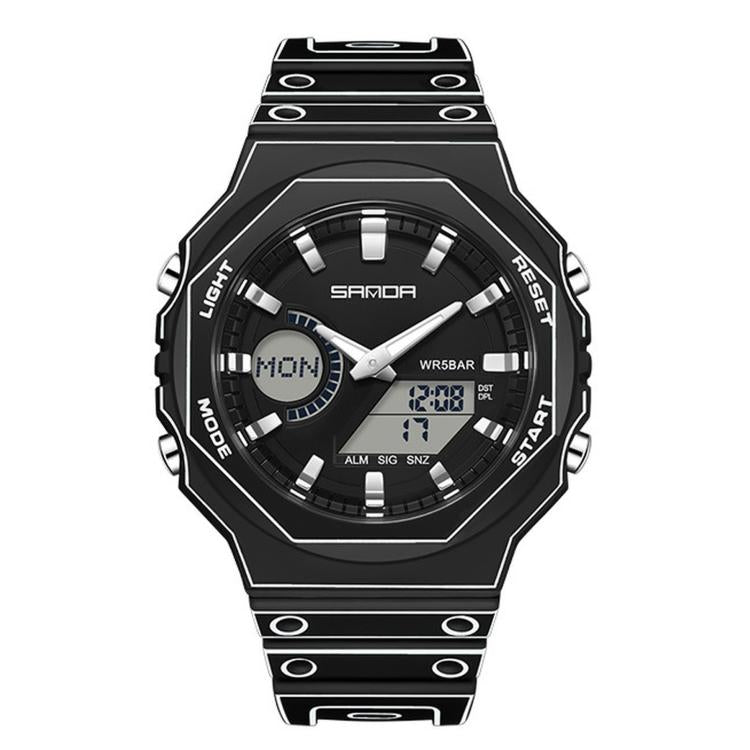 SANDA 6508 Octagonal Dual Display Sports Watch 50M Waterproof World Time Alarm Digital Wristwatch — Red