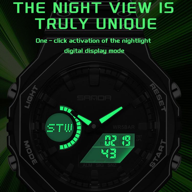 SANDA 6508 Octagonal Dual Display Sports Watch 50M Waterproof World Time Alarm Digital Wristwatch — view 9