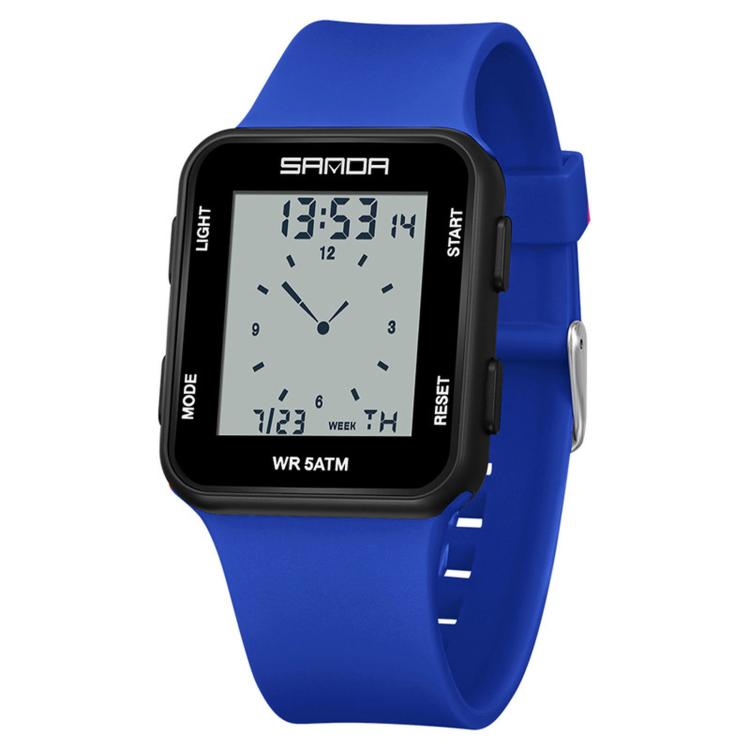 SANDA 9506 Square Digital Watch 50M Waterproof Sports Wristwatch With Removable TPU Strap — White Black