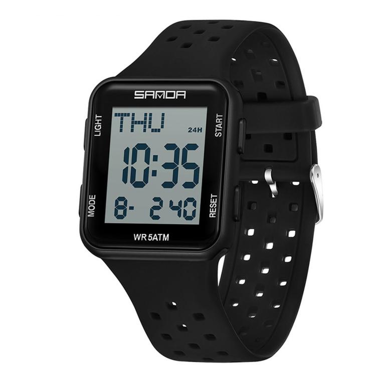 SANDA 9079 Square Digital Sports Watch 5ATM Waterproof Electronic Watch With Backlight — Black