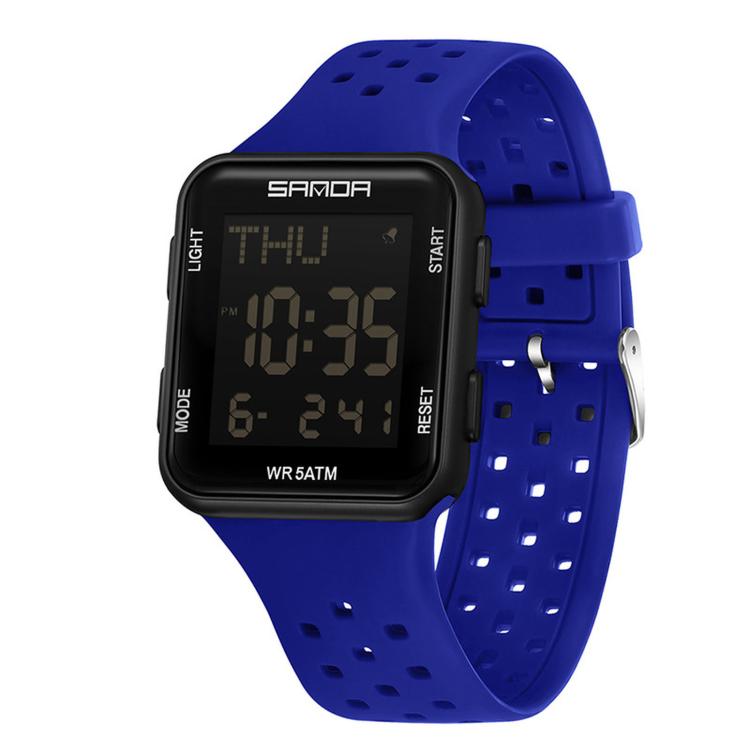 SANDA 9079 Square Digital Sports Watch 5ATM Waterproof Electronic Watch With Backlight — Black White