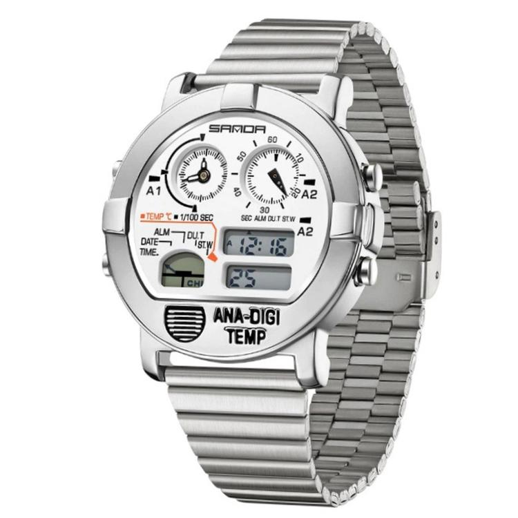 SANDA 3371 Men Sports Watch With Temperature Sensor 5ATM Waterproof 3 Time Zone Digital Watch — Steel Strap Silver Black