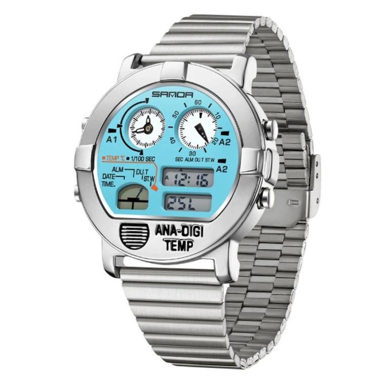 SANDA 3371 Men Sports Watch With Temperature Sensor 5ATM Waterproof 3 Time Zone Digital Watch — Steel Strap Silver Dark Blue