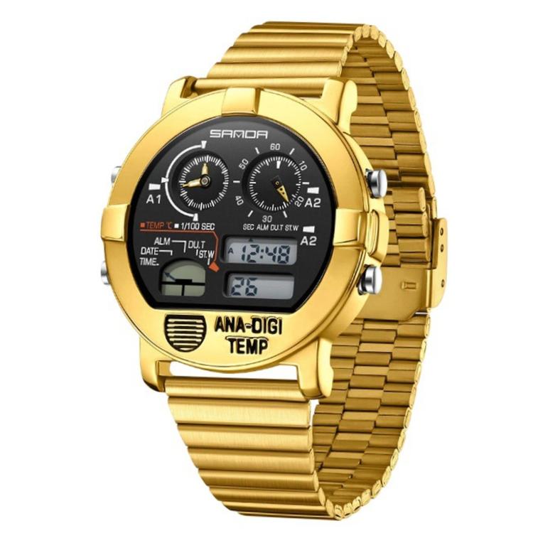 SANDA 3371 Men Sports Watch With Temperature Sensor 5ATM Waterproof 3 Time Zone Digital Watch — Steel Strap Silver Light Blue