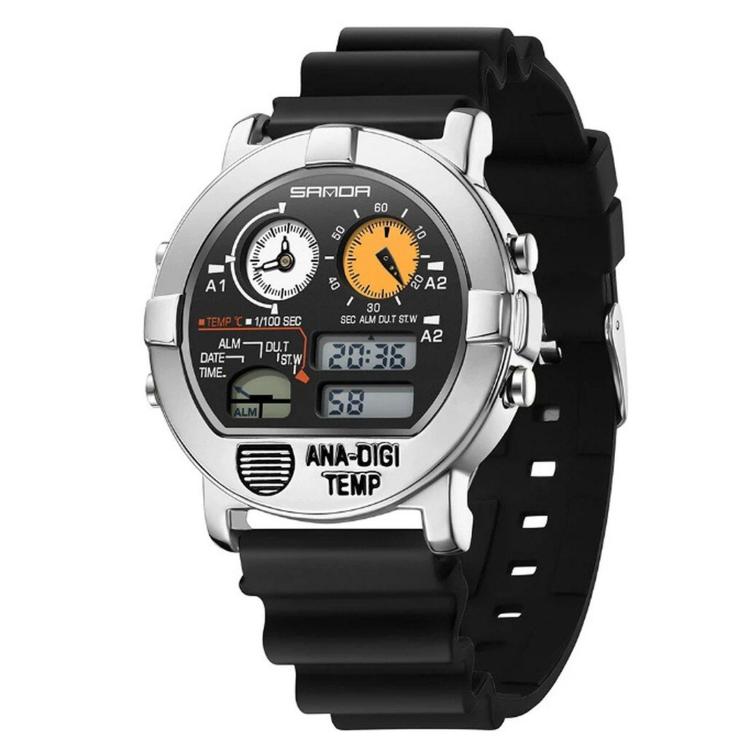 SANDA 3371 Men Sports Watch With Temperature Sensor 5ATM Waterproof 3 Time Zone Digital Watch — Steel Strap Black