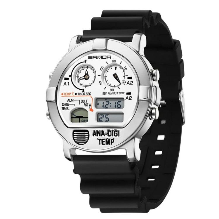 SANDA 3371 Men Sports Watch With Temperature Sensor 5ATM Waterproof 3 Time Zone Digital Watch — Silicone Strap Silver Black