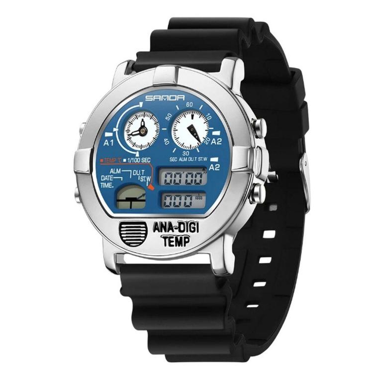 SANDA 3371 Men Sports Watch With Temperature Sensor 5ATM Waterproof 3 Time Zone Digital Watch — Silicone Strap Silver White