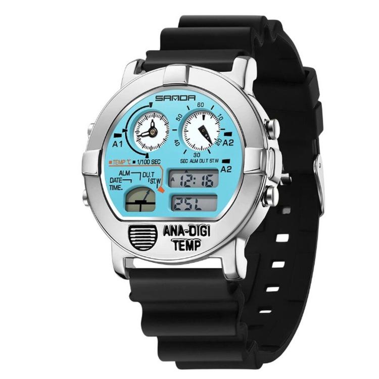 SANDA 3371 Men Sports Watch With Temperature Sensor 5ATM Waterproof 3 Time Zone Digital Watch — Silicone Strap Silver Dark Blue