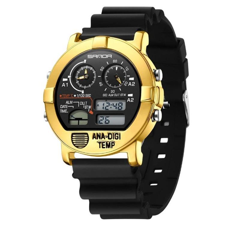 SANDA 3371 Men Sports Watch With Temperature Sensor 5ATM Waterproof 3 Time Zone Digital Watch — Silicone Strap Silver Light Blue
