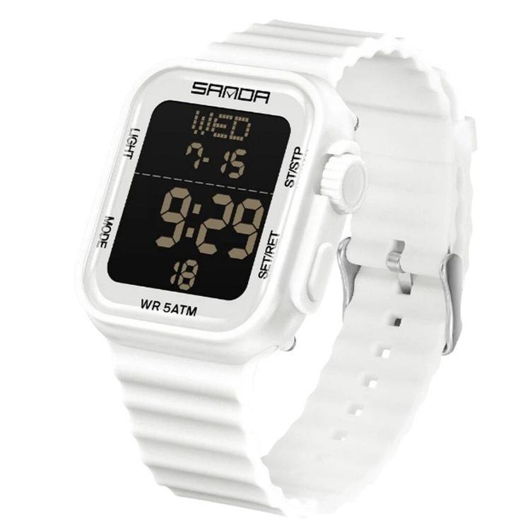SANDA 9507 Digital Sports Watch For Men Women 5ATM Waterproof Square Electronic Wristwatch With Alarm Backlight — Black