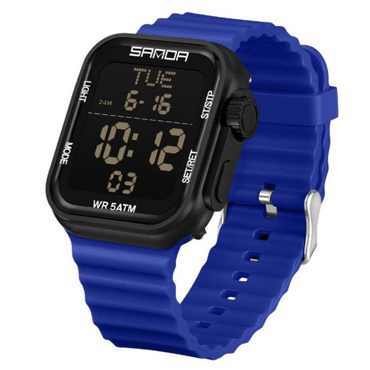 SANDA 9507 Digital Sports Watch For Men Women 5ATM Waterproof Square Electronic Wristwatch With Alarm Backlight — White