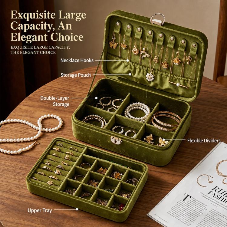 Velvet Jewelry Box 2-Layer Large Capacity Jewelry Organizer Box with Lock, Removable Tray & Necklace Hooks — view 5