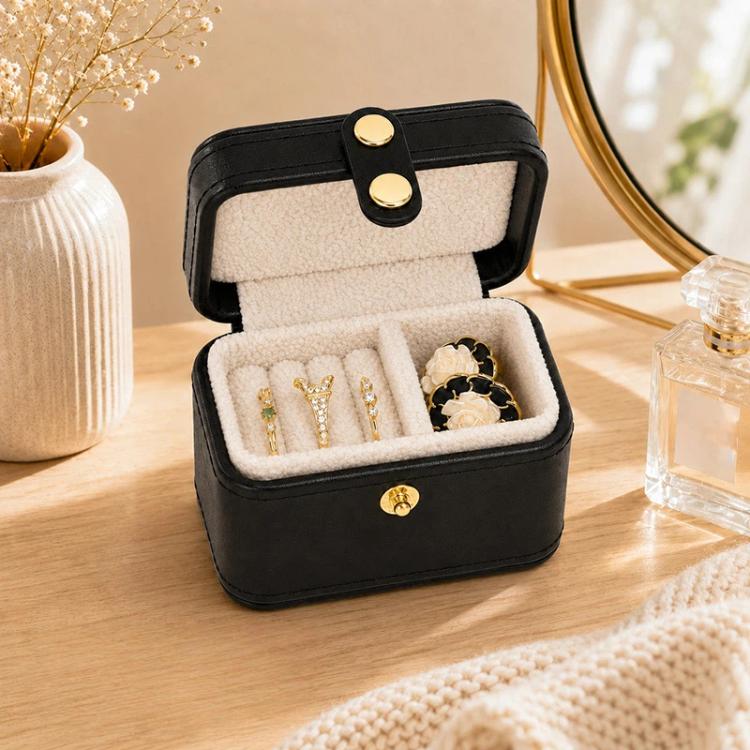 Mini Travel Ring Box PU Leather Small Jewelry Organizer Case with Snap Button — Beige