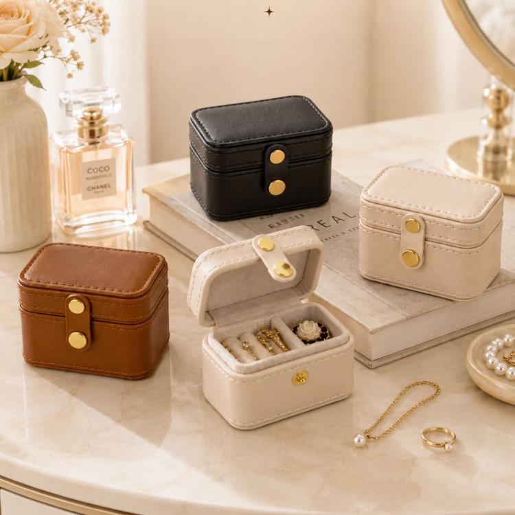 Mini Travel Ring Box PU Leather Small Jewelry Organizer Case with Snap Button — Brown