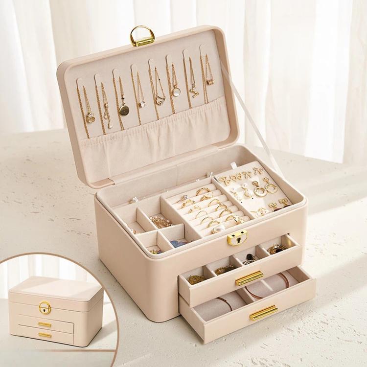 3-Tier Lockable Leather Jewelry Box with 2 Drawers, 8 Necklace Hooks, Stud Plate & Removable Dividers — Brown