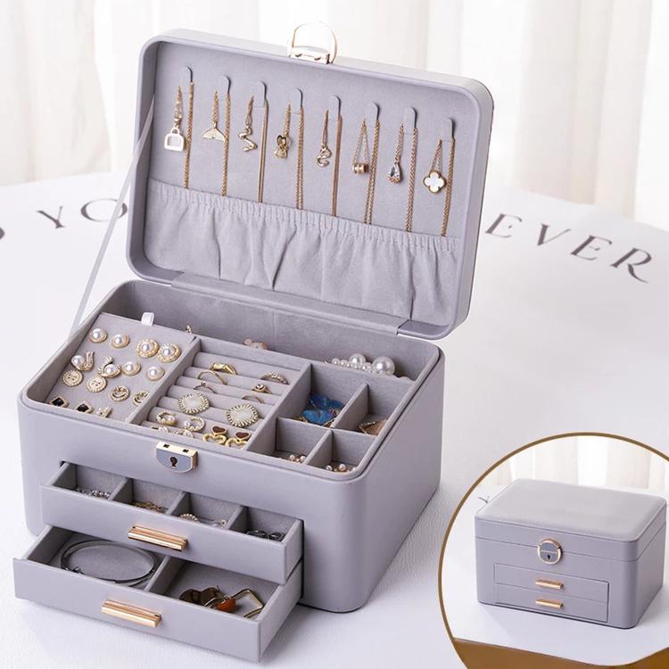 3-Tier Lockable Leather Jewelry Box with 2 Drawers, 8 Necklace Hooks, Stud Plate & Removable Dividers — Apricot
