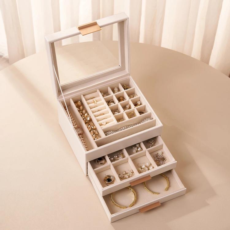 Glass Top 3-Tier Leather Jewelry Box with 2 Drawers Removable Dividers for Rings Earrings Bracelets
