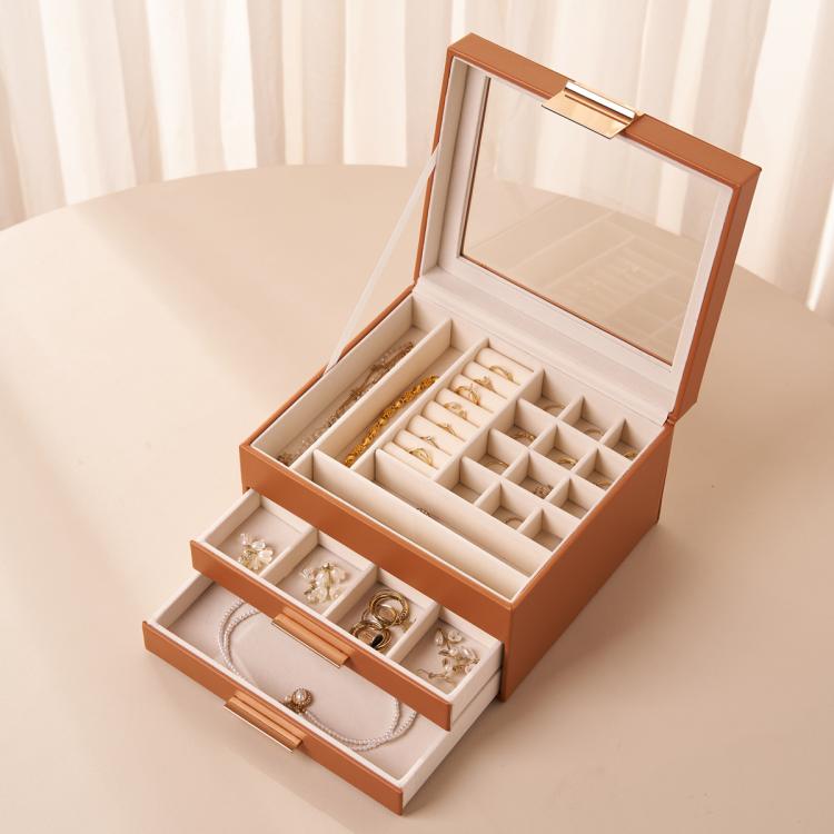 Glass Top 3-Tier Leather Jewelry Box with 2 Drawers Removable Dividers for Rings Earrings Bracelets — White