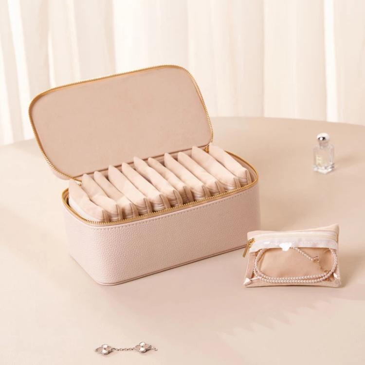 Jewelry Organizer Box with 12pcs Clear Zipper Pouches PU Leather Jewelry Storage Case — Wine Red