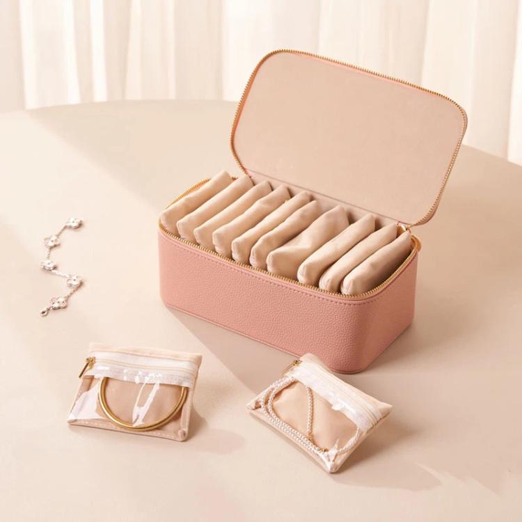 Jewelry Organizer Box with 12pcs Clear Zipper Pouches PU Leather Jewelry Storage Case — White