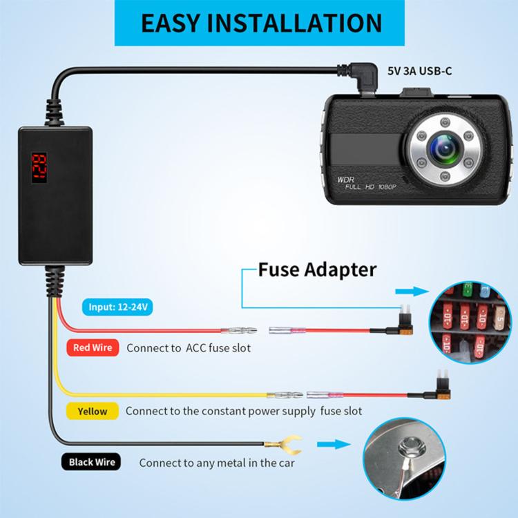 Digital Display Type-C 12V/24V to 5V 3A 3-Wire Adjustable Hardwire Kit for Car Chargers