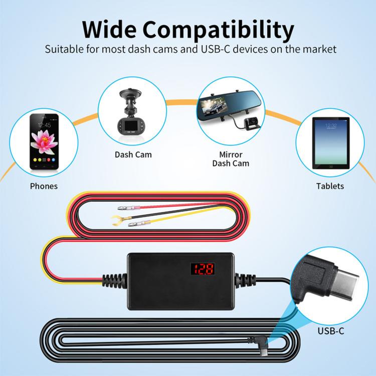 Digital Display Type-C 12V/24V to 5V 3A 3-Wire Adjustable Hardwire Kit for Car Chargers