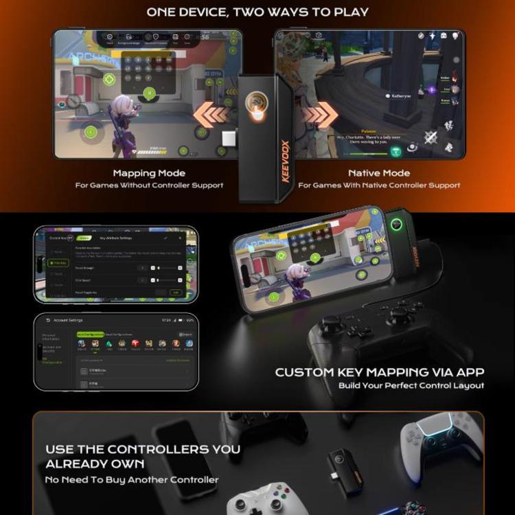 KEEVOOX IX01 Game Controller Adapter For IPhone / IPad, Type-C Key Mapping Converter