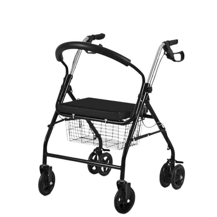 Folding Rollator Walker with Seat Heavy Duty 6-Wheel Senior Shopping Cart Walker — Black/Fabric Bag/No Pedal