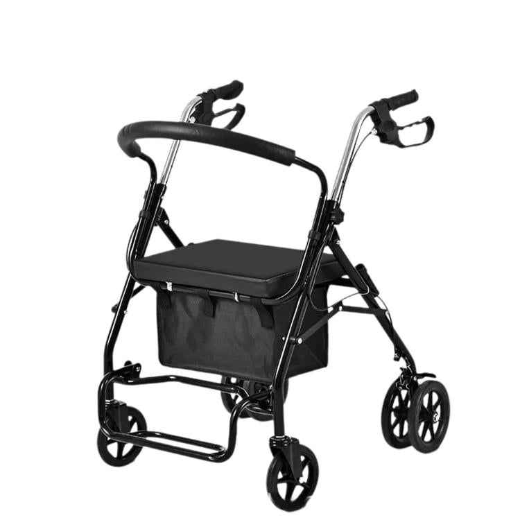 Folding Rollator Walker with Seat Heavy Duty 6-Wheel Senior Shopping Cart Walker — Black/Wire Basket /No Pedal