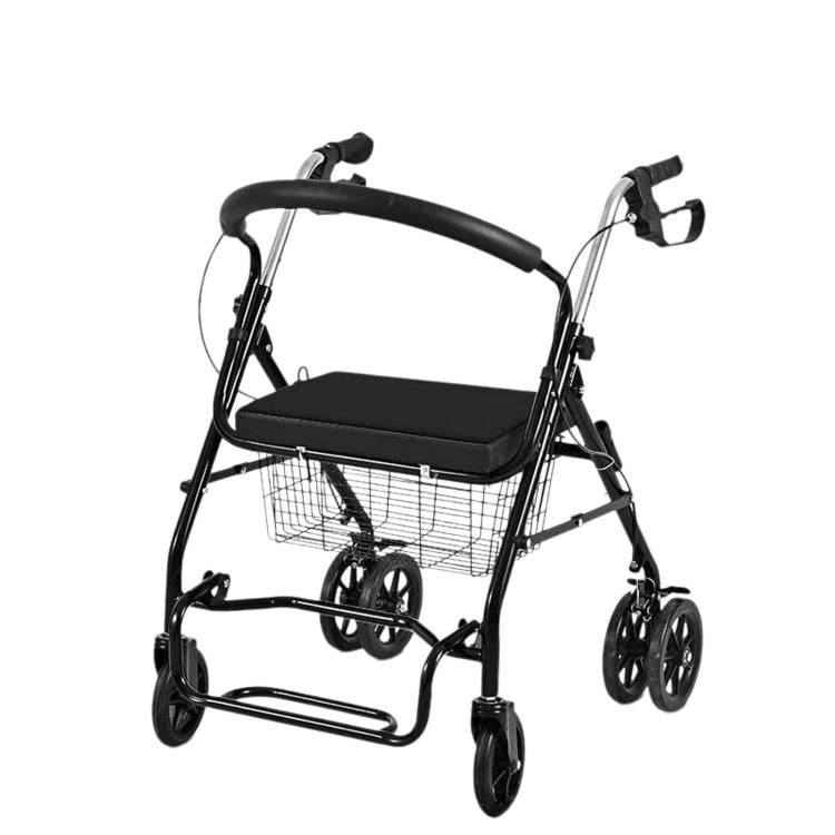 Folding Rollator Walker with Seat Heavy Duty 6-Wheel Senior Shopping Cart Walker — Black/Fabric Bag/With Pedal