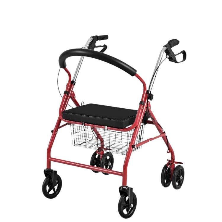 Folding Rollator Walker with Seat Heavy Duty 6-Wheel Senior Shopping Cart Walker — Red/Fabric Bag/No Pedal