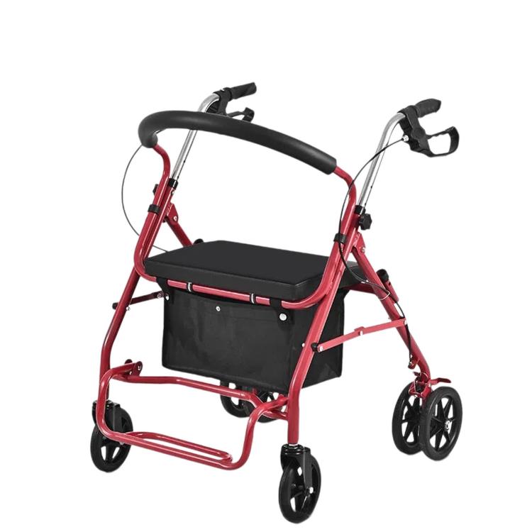 Folding Rollator Walker with Seat Heavy Duty 6-Wheel Senior Shopping Cart Walker — Red/Wire Basket/No Pedal