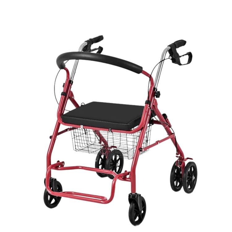 Folding Rollator Walker with Seat Heavy Duty 6-Wheel Senior Shopping Cart Walker — Red/Fabric Bag/With Pedal