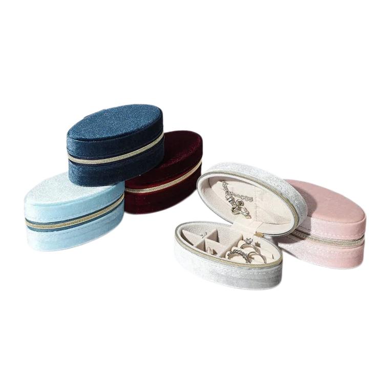 Oval Velvet Jewelry Organizer Box Portable Small Travel Mini Case — Beige