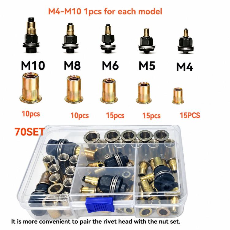 Metric Rivet Nut Mandrel Kit Threaded Insert Rivnut Assortment Set — 60 PCS/Box M3-M8