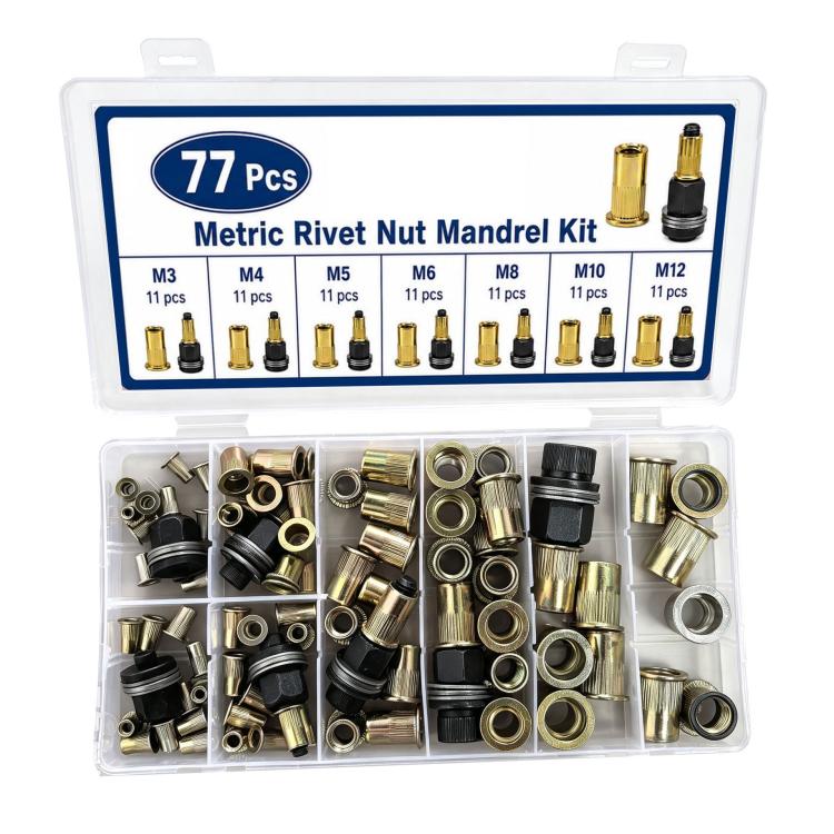 Metric Rivet Nut Mandrel Kit Threaded Insert Rivnut Assortment Set — 53 PCS/Box M3-M8