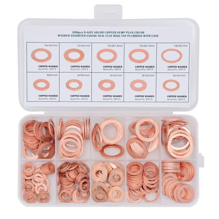200 PCS/Box M5-M14 Solid Copper Washer Assortment Kit Metric Crush Washers Sealing Flat Rings Set