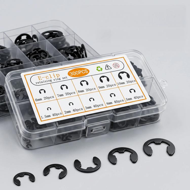 300 PCS/Box E-Clip Assortment Kit Black Manganese Steel Metric Retaining Rings Set 1.5mm-10mm