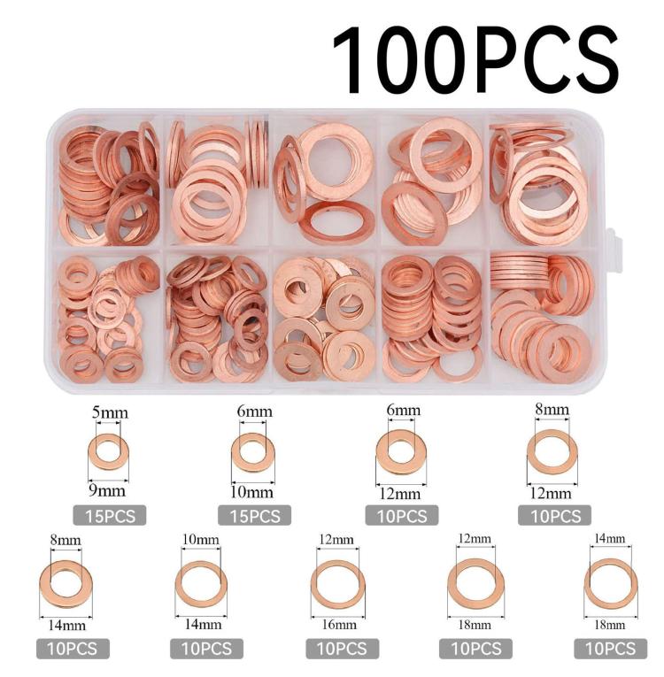 M5-M14 Copper Metric Washer Sealing Set Solid Copper Flat Ring Crush Washer Kit — 50 PCS/Box